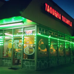 New LED lights lit up the storefront at night