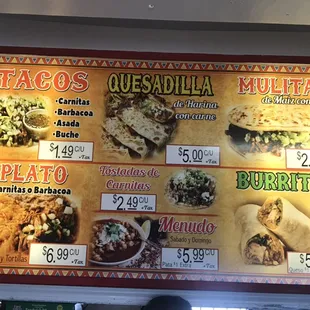 Brief menu of food served