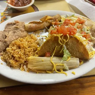 Taco , flauta tamale plate