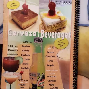 a menu for desserts
