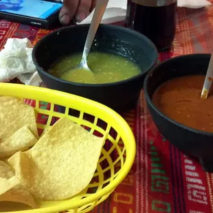 Chips and salsa. The green is flavorful and mild, the red is delicious but has a kick.