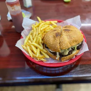 a hamburger and french fries