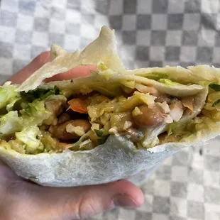 a hand holding a burrito