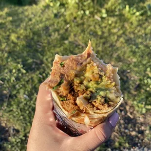 a hand holding a burrito