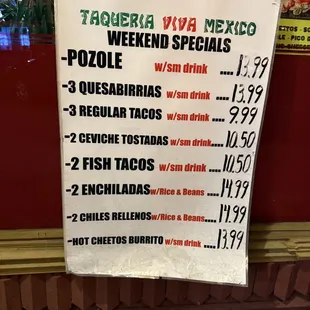 Weekend special menu