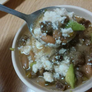 Frijoles especiales with meat, cheese and avocado.  Mmmm, so delicious!!!!