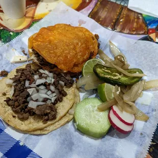 Asada taco and asada mulita sans cilantro