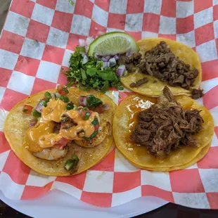 Beef, steak and shrimp taco's.