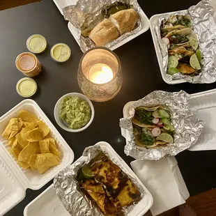 a variety of tacos and chips