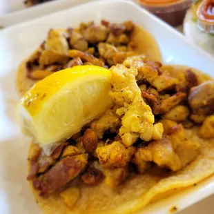 Grilled chicken tacos w/o vegetables.