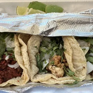 Chorizo, Pollo, and Asada Tacos.