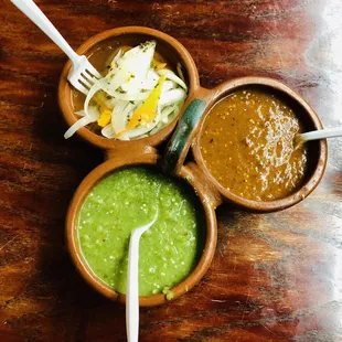 House salsas &amp; Jalapeño'd pickled onions