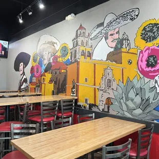 Seating area with a cool mural