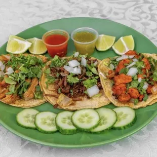 Taqueria Yolandita&apos;s Traditional Tacos with Onion, Cilantro, Lime, Cucumber &amp; salsa on the side!