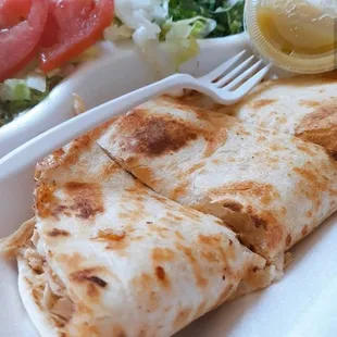 Our Quesadillas come with a salad on the side with the many choices of meat to choose from.