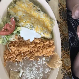 green chicken enchiladas plate