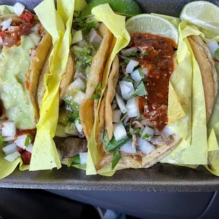 Tacos de Adobada, Carne Asada, Lengua y Carnitas