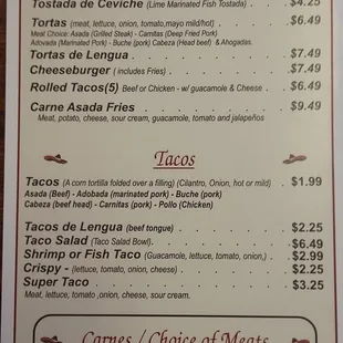 Menu as of April 2017