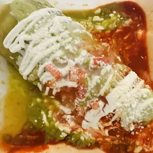 Burrito Mojado Divorciado (wet burrito half green &amp; half red sauce--chicken)!!