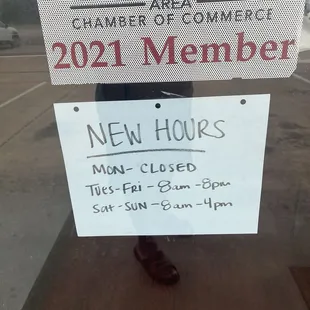 Business name and new hours.