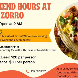 NFL sunday ticket.. all you can eat tacos and all you can drink beer for $20 each.