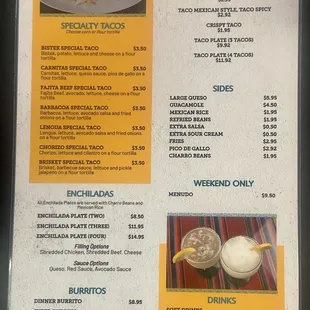 Cervantez Taquerias menu side 1 (current as of Dec &apos;22)