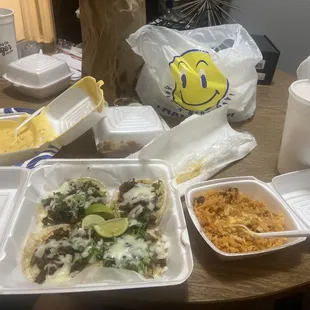 4 Taco Plate, 32oz Horchata, Chips and Queso