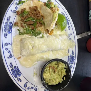 Chicken enchilada. Beef taco. Guacamole.