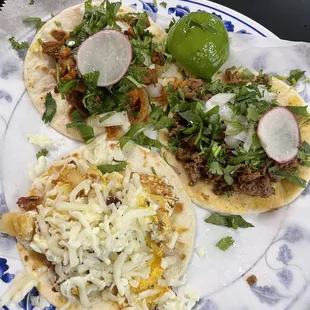Bacon Potato Egg Taco, Bistek Tacos, Pastor Tacos