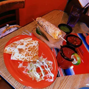 Chicken Quesadilla w/ Elote Loco and  diablo margarita