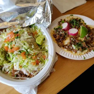 Carne asada burrito left and 4 carne asada tacos right