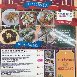 Front page of the menu
