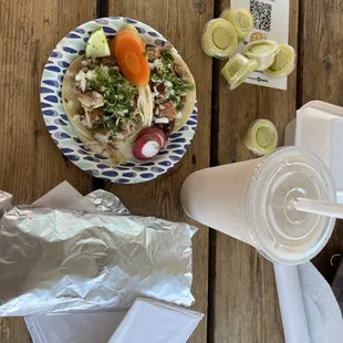 a plate of food on a wooden table