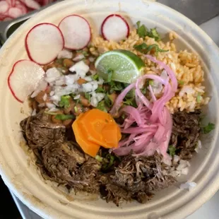 Birria Bowl, pinto beans, Mexican red Rice
Birria beef, onion, cilantro, radish