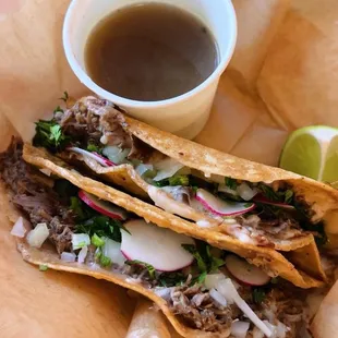 Birria tacos &amp; consommé