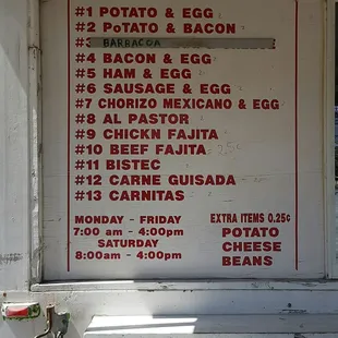 a menu on a food truck