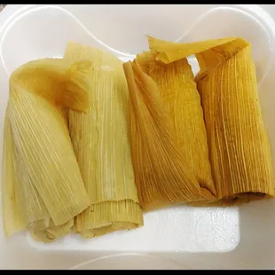 Tamales de Puerco (pork) &amp; de Pollo (chicken) - steamed in corn husks