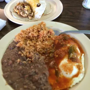 Huevos rancheros w/ rice and beans &amp; huevo con chorizo tacos