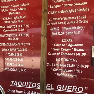 a menu on a food truck