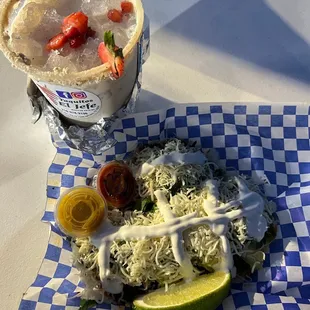 a plate of food and a drink