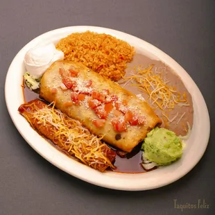 Enchi-Chimi - with your choice of meet. 1 Chimichanga and 1 Enchilada with a side of rice and beans and a scoop of sour cream and guacamole.