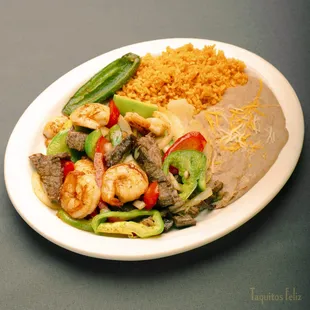 Fajitas - Asada &amp; Shrimp with side of rice and beans and your choice of flour or corn tortillas.