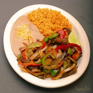 Fajitas - Asada/Steak with a side of rice and beans and your choice of flour or corn tortillas.