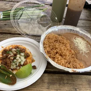 spicy pork taco and rice and beans