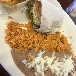 Carnitas torta with rice and beans