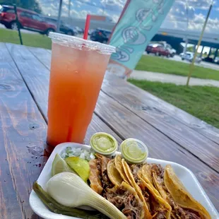 Birria tacos with agua fresca