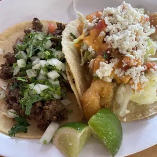 Left Carne Asada Taco, right Firecracker Shrimp Taco--good size