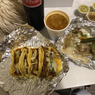 Al pastor tacos and charro beans