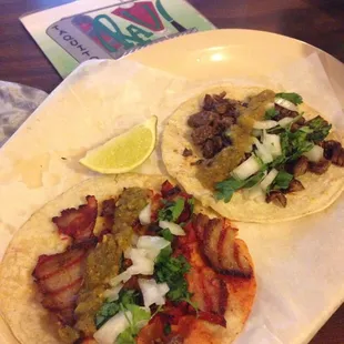 Best pastor tacos and beef fajita tacos on corn tortillas.