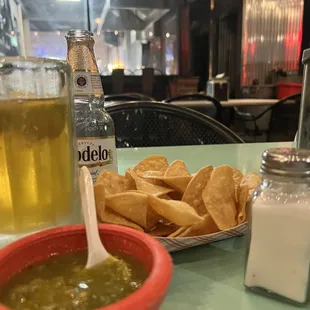 Cold Modelo and tasty chips and salsa.